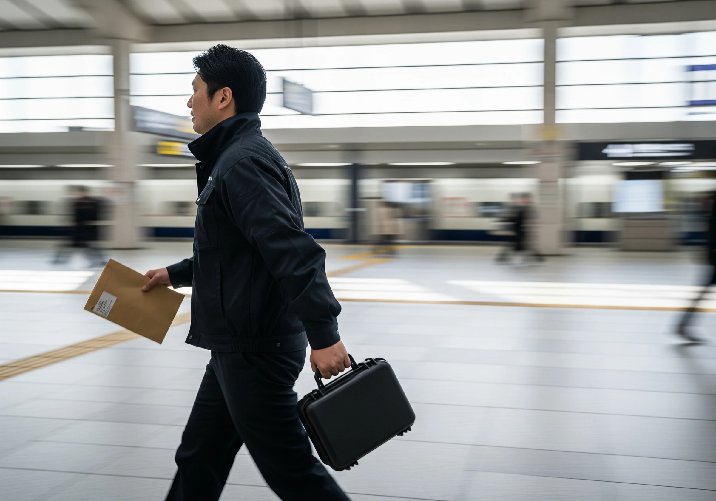 新幹線駅でケースを運ぶスタッフ